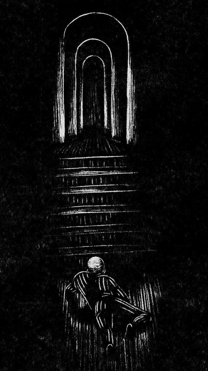 In His Mercy. Film still: The convict is crouching through a dark corridor.