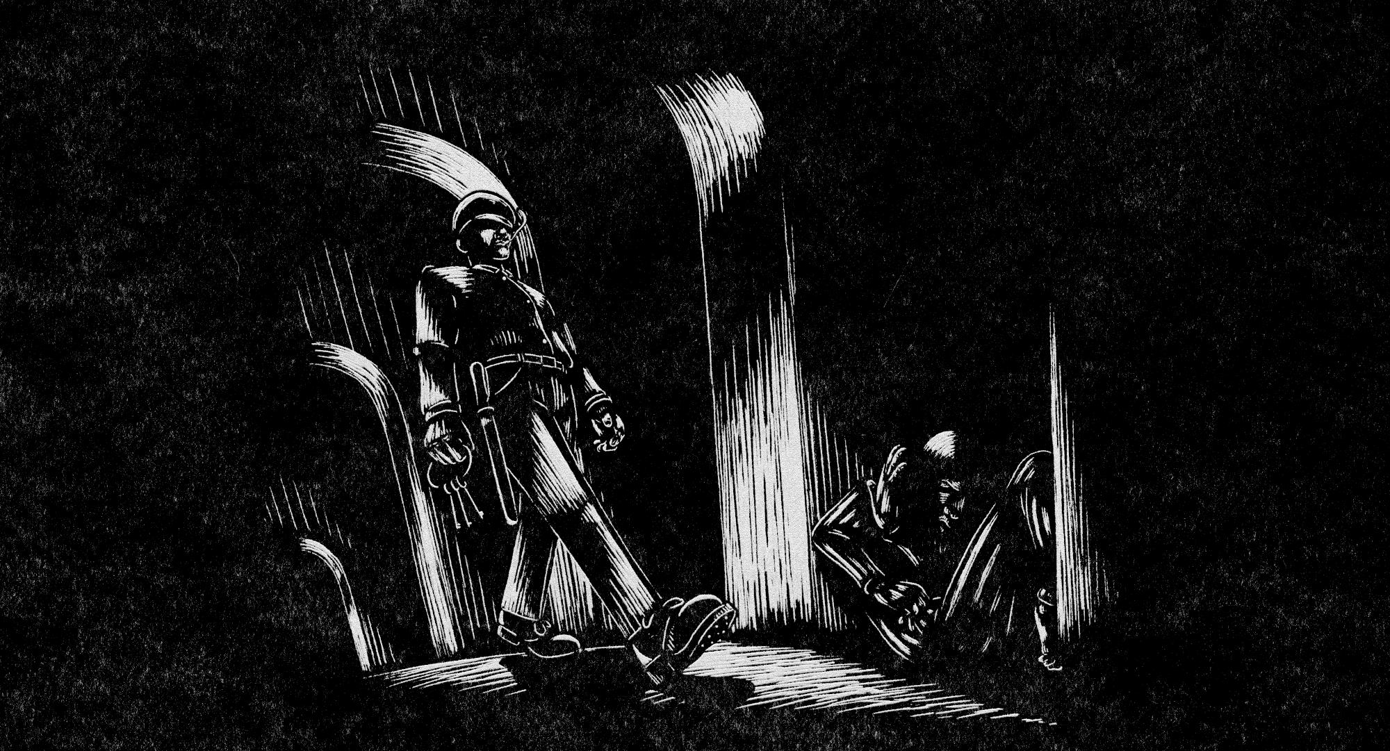 In His Mercy. Film still: A guard is passing by.